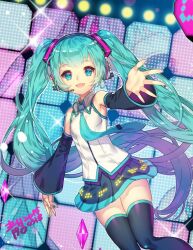 Rule 34 | 1girl, aqua eyes, aqua hair, burenai ai de (vocaloid), commentary request, detached sleeves, hatsune miku, headset, long hair, necktie, non-web source, open mouth, outstretched arm, photoshop (medium), skirt, solo, thighhighs, twintails, very long hair, vocaloid, wbfish