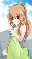 Rule 34 | 1girl, absurdres, aisaka taiga, blue sky, brown eyes, brown hair, clenched hand, cloud, cloudy sky, collarbone, commentary request, cowboy shot, cup, dated, day, dress, drinking glass, drinking straw, green dress, green scrunchie, hair between eyes, hair ornament, hair scrunchie, high ponytail, highres, holding, holding cup, ko su kaa, light blush, long hair, looking at viewer, outdoors, partial commentary, ponytail, scrunchie, signature, sky, sleeveless, sleeveless dress, solo, standing, sundress, toradora!
