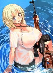 Rule 34 | 1girl, blonde hair, blue eyes, blush, breasts, cleavage, covered erect nipples, criss-cross halter, dragunov svd, female focus, muzzle device, gen (black factory), gun, halterneck, halterneck, highres, huge breasts, jpeg artifacts, large breasts, looking at viewer, looking back, miniskirt, nipples, open mouth, original, rifle, scope, see-through, see-through silhouette, short hair, sitting, skirt, smile, sniper rifle, solo, thumbhole stock, water, weapon, wet, wet clothes