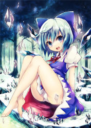 Rule 34 | 1girl, blue eyes, blue hair, bow, cirno, dress, forest, hair bow, ice, ice wings, kaio (watagami), matching hair/eyes, nature, open mouth, panties, pantyshot, ribbon, short hair, sitting, smile, snow, solo, touhou, tree, underwear, wings, winter