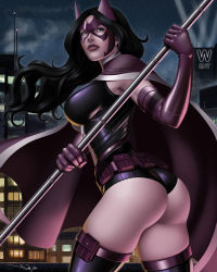 Rule 34 | 1girl, ass, black hair, boots, breasts, cape, dc comics, elbow gloves, gloves, huntress (dc), iury padilha, justice league, leotard, long hair, mask, solo, staff, thigh boots, thighhighs