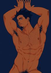 Rule 34 | 1boy, abs, aiki (xelgot), armpit hair, bara, black hair, blue background, chest hair, closed mouth, completely nude, eyebrow cut, facial hair, goatee, groin, highres, looking at viewer, male focus, male pubic hair, nipples, nude, original, pubic hair, signature, solo, toned, toned male, upper body, xelgot