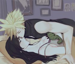 Rule 34 | 1boy, 1girl, bed, black hair, blonde hair, bra, breasts, cleavage, cloud strife, closed eyes, final fantasy, final fantasy vii, final fantasy vii remake, highres, kiss, kissing forehead, large breasts, long hair, lying, mercy (myrrcy), on back, on bed, spiked hair, tifa lockhart, underwear
