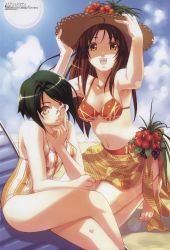 Rule 34 | 00s, 2girls, :d, abekawa nozomi, absurdres, ahoge, armpits, arms up, barefoot, beach, bikini, breasts, brown hair, casual one-piece swimsuit, chair, cleavage, cloud, crease, crossed legs, day, feet, flower, food, fruit, glasses, grapes, green hair, hair intakes, hat, head rest, hibiscus, highres, hirano katsuyuki, kneeling, lens flare, long hair, looking at viewer, lounge chair, medium breasts, multiple girls, navel, official art, one-piece swimsuit, open mouth, outdoors, parted bangs, print bikini, saitou koyuki, sarong, scan, shadow, short hair, sitting, sky, smile, steady x study, straw hat, striped clothes, striped one-piece swimsuit, striped sarong, sun, swept bangs, swimsuit, thighs, tiptoes, underboob, yellow eyes