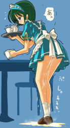 Rule 34 | 1girl, apron, aqua dress, artist request, blue background, blue eyes, blush, bow, chair, character request, closed mouth, crying, cup, dress, embarrassed, female focus, frills, green hair, headdress, holding, japanese text, loafers, maid, maid headdress, panties, peeing, peeing self, puddle, shoes, short hair, socks, solo, source request, speech bubble, standing, table, teacup, teapot, tears, tray, trembling, underwear, waitress, wet, wet clothes, wet panties, white panties, white socks