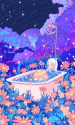 Rule 34 | 1girl, artist name, bathing, bathtub, blue eyes, blush stickers, closed mouth, cloud, completely nude, daisy, dated, english text, expressionless, eyelashes, field, flower, flower field, grass, guanmumu, half-closed eyes, highres, holding moon, knees up, long hair, looking at object, night, night sky, nude, original, outdoors, partially submerged, pink flower, shooting star, shower head, sitting, sky, solo, sparkle, star (sky), star (symbol), straight hair, water, white hair
