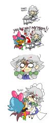 Rule 34 | &gt;:o, 2girls, 4koma, :o, alternate hair color, alternate hairstyle, animated, animated gif, bat wings, black hair, blonde hair, blood, blood on face, blue hair, bow, braid, chibi, comic, english text, eyebrows, eyelashes, eyeshadow, fangs, fashion, grey hair, gyaru, highres, izayoi sakuya, kicking, kogal, large bow, makeup, multicolored hair, multiple girls, o o, peachems (gemu), pink hair, pointy ears, punishment, remilia scarlet, scene (fashion), slapping, smile, tan, touhou, tray, twin braids, v-shaped eyebrows, wings