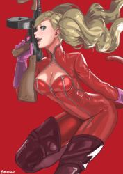Rule 34 | 10s, 1girl, blonde hair, blue eyes, bodysuit, boots, breasts, cat tail, cleavage, cleavage cutout, clothing cutout, earrings, gloves, gun, highres, imdsound, jewelry, long hair, looking at viewer, open mouth, persona, persona 5, red thighhighs, simple background, solo, tail, takamaki anne, thigh boots, thighhighs, twintails, weapon