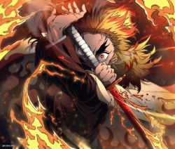 Rule 34 | 1boy, arm up, artist name, blonde hair, buttons, cape, colored tips, commentary, covered mouth, dalc rose, eyebrows, fire, floating hair, forked eyebrows, gakuran, highres, holding, holding sword, holding weapon, katana, kimetsu no yaiba, long hair, long sleeves, looking at viewer, male focus, multicolored eyes, multicolored hair, red eyes, red hair, rengoku kyoujurou, sanpaku, school uniform, solo, sword, symbol-only commentary, topknot, twitter username, two-tone hair, veins, weapon, white cape, wide-eyed, yellow eyes