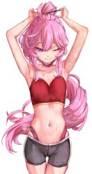 Rule 34 | 1girl, absurdres, ahoge, alternate costume, armpits, arms up, choker, closed mouth, collarbone, commentary, cowboy shot, cross-shaped pupils, eien project, english commentary, highres, kiki lockheart, long hair, looking at viewer, lunarisbloom, midriff, navel, one eye closed, panty straps, pink eyes, pink hair, red choker, short shorts, shorts, simple background, smile, solo, sports bra, standing, stomach, sweat, symbol-shaped pupils, tying hair, very long hair, virtual youtuber, white background