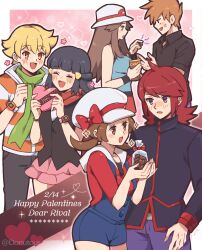 Rule 34 | 3boys, 3girls, barry (pokemon), blonde hair, blue oak, blue overalls, blush, brown eyes, brown hair, cabbie hat, candy, chocolate, chocolate heart, closed eyes, creatures (company), dawn (pokemon), donutous, food, game freak, green scarf, hat, heart, hetero, highres, leaf (pokemon), long sleeves, looking at another, lyra (pokemon), multiple boys, multiple girls, nintendo, overalls, pokemon, pokemon dppt, pokemon frlg, pokemon hgss, poketch, red hair, red scarf, scarf, silver (pokemon), sleeveless, smile, sparkle, valentine, watch, wristwatch
