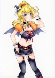 Rule 34 | 1girl, absurdres, artist name, artist request, ayase eli, bare shoulders, bat wings, belt, black choker, black detached collar, black dress, black footwear, black hat, black legwear, black pants, black shorts, black wings, blonde hair, blue eyes, blush, boots, bow, breasts, choker, cleavage, collarbone, crescent moon symbol, cross-laced clothes, cross-laced dress, cross-laced footwear, detached collar, diamond (gemstone), dress, female focus, floating hair, footwear bow, frilled dress, frilled shorts, frills, garter straps, hair between eyes, hair bow, hair ornament, hair scrunchie, halloween, hand on own hip, hat, high heel boots, high heels, high ponytail, highres, jewelry, long hair, looking at viewer, love live!, love live! school idol festival, love live! school idol project, medium breasts, midriff, mini hat, moon print, navel, necklace, pants, parted lips, pink belt, pink bow, pink ribbon, pink scrunchie, ponytail, puffy short sleeves, puffy sleeves, pumpkin print, ribbon, salute, scrunchie, short hair, short sleeves, shorts, smile, solo, which hat, white background, white bow, white wrist cuffs, wing collar, wings, wrist cuffs