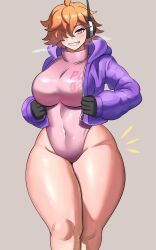 Rule 34 | 1girl, bare legs, black gloves, blush, breasts, covered navel, curvy, gloves, grey background, highleg, highleg leotard, highres, hood, jacket, large breasts, leotard, long sleeves, looking at viewer, one piece, orange hair, pink leotard, purple jacket, red eyes, shiny skin, short hair, simple background, skin tight, smile, solo, thick thighs, thighs, vegapunk lilith, wide hips, ytrall