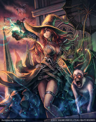Rule 34 | 1girl, anbe yoshirou, breasts, cleavage, detached sleeves, dress, eyepatch, fang, guardian cross, hat, large breasts, legs, long hair, magic, monkey, official art, original, outstretched arm, pink eyes, red eyes, red hair, solo, square enix, thigh strap, umbrella, witch, witch hat