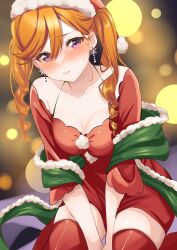 Rule 34 | 1girl, between legs, blush, breasts, christmas, cleavage, collarbone, commentary request, dress, earrings, embarrassed, fur-trimmed headwear, fur-trimmed scarf, fur trim, hair between eyes, hand between legs, hat, highres, jewelry, long hair, looking at viewer, love live!, love live! superstar!!, medium breasts, mei hinamatsu, orange hair, pom pom (clothes), purple eyes, red hat, red thighhighs, santa costume, santa dress, santa hat, scarf, shibuya kanon, short sleeves, sitting, solo, sweat, sweatdrop, thighhighs, twintails, two side up, wariza, wide sleeves