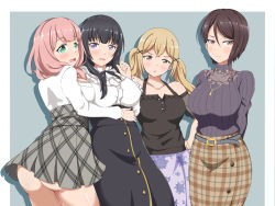 Rule 34 | 10s, 4girls, :d, :o, absurdres, arms behind back, ass, asymmetrical hair, bang dream!, bare shoulders, belt, black camisole, black hair, black ribbon, black skirt, blonde hair, blue background, blush, border, breasts, brown skirt, buttons, camisole, cleavage, collarbone, commentary, commentary request, covered erect nipples, cowboy shot, crossed bangs, detached sleeves, drop shadow, english commentary, floral print, frilled shirt collar, frills, green belt, green eyes, grey skirt, hair between eyes, hair ornament, hand up, hands on own hips, high-waist skirt, highres, hug, ichigaya arisa, jewelry, large breasts, leo j low, long hair, long skirt, long sleeves, looking at viewer, low twintails, mixed-language commentary, multiple girls, neck ribbon, necklace, no panties, open mouth, pink eyes, pink hair, plaid, plaid skirt, purple eyes, purple skirt, ribbon, see-through, shirokane rinko, shirt, shirt tucked in, short hair, sidelocks, simple background, single sidelock, skirt, smile, standing, striped clothes, striped shirt, trait connection, twintails, uehara himari, vertical-striped clothes, vertical-striped shirt, white border, white shirt, wind, wind lift, x hair ornament, yashio rui, yellow eyes