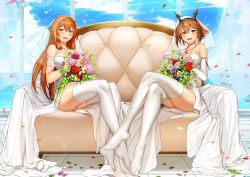 Rule 34 | 2girls, armlet, blush, bouquet, breasts, bridal veil, brown hair, commentary request, commission, commissioner upload, crossed legs, crossover, dress, feet, flower, full body, girls&#039; frontline, green eyes, hair between eyes, hair ribbon, hair rings, headgear, heart, heart necklace, holding, holding bouquet, jai (whany1998), jewelry, kantai collection, korean commentary, large breasts, legs together, light particles, long hair, looking at viewer, multiple girls, mutsu (kancolle), necklace, no shoes, off-shoulder dress, off shoulder, open mouth, petals, pink flower, pink rose, red flower, red rose, ribbon, rose, second-party source, short hair, sidelocks, sitting, smile, springfield (girls&#039; frontline), veil, wedding dress, white legwear, yellow flower, yellow rose