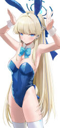 Rule 34 | 1girl, animal ears, arm up, armpits, bare shoulders, blonde hair, blue archive, blue eyes, blue leotard, blush, breasts, cleavage, detached collar, earpiece, fake animal ears, fake tail, hair ribbon, highleg, highleg leotard, highres, leotard, long hair, looking at viewer, medium breasts, official alternate costume, playboy bunny, rabbit ears, rabbit tail, ribbon, solo, strapless, strapless leotard, tail, toki (blue archive), toki (bunny) (blue archive), very long hair, wrist cuffs, yamabuki0