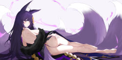 Rule 34 | 1girl, absurdres, animal ears, ass, azur lane, bare back, bare shoulders, barefoot, beads, breasts, facial mark, fox ears, fox tail, from behind, full body, highres, jewelry, kitsune, kyuubi, large breasts, large tail, long hair, looking at viewer, looking back, lying, magatama, magatama necklace, multiple tails, musashi (azur lane), nail polish, necklace, on side, prayer beads, purple hair, rem mie, solo, tail, very long hair, whisker markings, yellow eyes