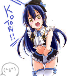 Rule 34 | 1girl, bent over, black hat, black skirt, blue bow, blue hair, blush, bow, character name, embarrassed, floating hair, hair between eyes, hat, hat bow, layered skirt, long hair, looking at viewer, love live!, love live! school idol project, midriff, navel, simple background, skirt, skirt tug, sleeveless, solo, sonoda umi, standing, stomach, thighhighs, urutsu sahari, v-shaped eyebrows, very long hair, white background, white skirt, white thighhighs