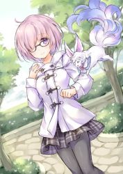Rule 34 | 1girl, alternate costume, arm at side, black skirt, blush, bush, closed mouth, coat, day, duffel coat, fate/grand order, fate (series), fou (fate), garden, glasses, hands up, jacket, long sleeves, looking at viewer, mash kyrielight, mash kyrielight (fgo x lawson), official alternate costume, outdoors, pantyhose, pink hair, plaid, plaid skirt, purple eyes, short hair, skirt, smile, tree, wataame27, white jacket