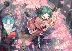Rule 34 | 1girl, animal ears, bamboo broom, black footwear, broom, cherry blossoms, commentary request, dress, closed eyes, full body, green eyes, holding, holding broom, itomugi-kun, kasodani kyouko, long sleeves, megaphone, microphone, open mouth, petals, shoes, short hair, smile, socks, solo, speaker, standing, standing on one leg, touhou, white socks