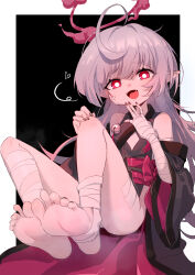 Rule 34 | 1girl, absurdres, ahoge, bandages, bare shoulders, barefoot, black nails, blue archive, fangs, feet, highres, knees apart feet together, knees up, legs, long hair, looking at viewer, nail polish, open mouth, peanut huasheng, pointy ears, red eyes, shuro (blue archive), simple background, soles, spread toes, thighs, toenail polish, toenails, toes
