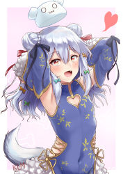 Rule 34 | 1boy, :d, absurdres, armpits, arms behind head, arms up, blue sleeves, blush, braid, braided bun, character cutout, chinese clothes, clothing cutout, covered navel, detached sleeves, dog hair ornament, dog tail, double bun, fang, frilled skirt, frilled sleeves, frills, gradient background, gradient eyes, hair bun, hair ornament, heart cutout, highres, inuyama tamaki, jtleeklm, layered skirt, long hair, male focus, multicolored eyes, noripro, open mouth, side cutout, signature, silver hair, skin tight, skirt, sleeveless, smile, solo, tail, trap, upper body, virtual youtuber, waist cutout, wide sleeves