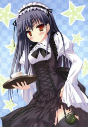 Rule 34 | 1girl, absurdres, black hair, black thighhighs, blouse, blue background, checkered background, clothes lift, collared shirt, cowboy shot, cup, dress, embarrassed, explosive, from side, garter straps, gradient background, grenade, hello good-bye, highres, image sample, lifting own clothes, lolita fashion, moekibara fumitake, narrow waist, panties, pantyshot, red eyes, rindou natsume, shirt, skirt, standing, sugar cube, suspender skirt, suspenders, teacup, thighhighs, tray, underwear, waitress, white panties, white shirt