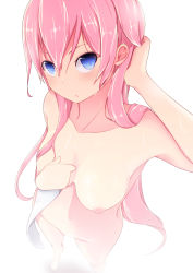 Rule 34 | 1girl, :o, barefoot, blue eyes, breasts, collarbone, foot out of frame, foreshortening, from above, hand in own hair, highres, long hair, looking at viewer, navel, nipples, nude, parted lips, perspective, pink hair, pon (shind 997), simple background, solo, standing, wet, white background