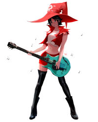 Rule 34 | black hair, black thighhighs, electric guitar, guilty gear, guitar, hat, highres, i-no, instrument, jacket, red eyes, red jacket, redesign, ross tran, short hair, shorts, skull, solo, thighhighs, thighs, witch hat