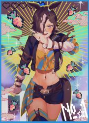Rule 34 | absurdres, animal ears, belt, black jacket, black shorts, blue border, blush, boots, border, breasts, brown eyes, brown hair, carrot, cleavage, cowboy shot, crop top, crop top overhang, cropped jacket, groin, hair over one eye, hand up, heart, highres, horse ears, horse girl, horse tail, jacket, long hair, long sleeves, mayana (bbpp), midriff, navel, open clothes, open jacket, open mouth, pixelated, shirt, short shorts, shorts, small breasts, smile, sparkle, sweat, tail, thigh boots, thighhighs, tongue, umamusume, vodka (umamusume), wiping sweat, yellow shirt