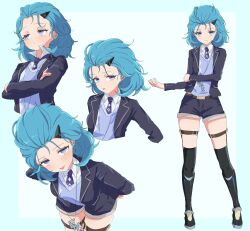 Rule 34 | 1girl, black footwear, black jacket, black shorts, blue background, blue hair, blush, boots, closed mouth, collared shirt, commentary, crossed arms, forehead, hair ornament, hairclip, highres, honkai (series), honkai impact 3rd, jacket, lieserl albert einstein, looking at viewer, multiple views, necktie, open clothes, open jacket, parted lips, purple eyes, purple necktie, repikawarepi, shirt, shorts, skindentation, standing, sweater vest, thigh boots, tongue, tongue out, two-tone background, white shirt