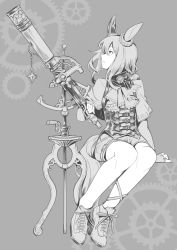 Rule 34 | 1girl, admire vega (umamusume), alternate costume, animal ears, capelet, corset, fingerless gloves, full body, gears, gloves, greyscale, highres, horse ears, horse girl, horse tail, invisible chair, long hair, looking to the side, low ponytail, monochrome, shoes, short hair, sideways mouth, sinnra art, sitting, solo, tail, telescope, umamusume