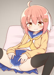 Rule 34 | 1girl, ahoge, ayanepuna, black thighhighs, blue sailor collar, blue skirt, blush, brown cardigan, brown eyes, cardigan, closed mouth, commentary request, feet out of frame, hair between eyes, hair ornament, hair ribbon, hairclip, highres, long sleeves, midriff peek, navel, neckerchief, one side up, open cardigan, open clothes, original, panties, pillow, pink hair, pleated skirt, ribbon, sailor collar, school uniform, serafuku, shirt, skirt, sleeves past wrists, solo, spread legs, thighhighs, underwear, wavy mouth, white panties, white ribbon, white shirt, yellow neckerchief, yune (ayanepuna)