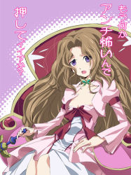 Rule 34 | 00s, 1girl, blush, bow, braid, breasts, brown hair, bug, butterfly, code geass, collarbone, cowboy shot, dress, female focus, flat chest, french braid, halftone, halftone background, holding, insect, juliet sleeves, long hair, long sleeves, looking at viewer, nunnally vi britannia, okiura, open clothes, open dress, open mouth, parted bangs, pink dress, puffy sleeves, purple eyes, red bow, sitting, solo, translated, very long hair