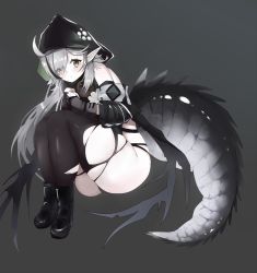 Rule 34 | 1girl, ahoge, arknights, ass, bad id, bad twitter id, bare shoulders, black footwear, black thighhighs, boots, commentary request, crocodilian tail, grey background, grey eyes, hood, large tail, long hair, long sleeves, looking at viewer, pointy ears, silver hair, simple background, solo, tail, thick thighs, thighhighs, thighs, tomimi (arknights), torn clothes, torn thighhighs, yuzuruka (bougainvillea)