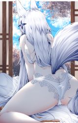 Rule 34 | 1girl, absurdres, animal ears, arm support, ass, azur lane, bare arms, bra, butt crack, cameltoe, door, feet out of frame, flower, fox ears, fox tail, from behind, hair flower, hair ornament, hidden face, highres, lace, lace bra, lace panties, long hair, panties, samip, shinano (azur lane), spread legs, tail, thighs, underwear, underwear only, white bra, white hair, white panties, white tail