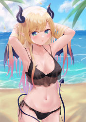 Rule 34 | 1girl, :o, absurdres, adjusting hair, beach, bikini, black bikini, blonde hair, breasts, cleavage, collarbone, demon girl, demon horns, demon tail, demon wings, fue (lars0713), green eyes, highres, hololive, horns, large breasts, long hair, looking at viewer, ocean, open mouth, pointy ears, sand, solo, standing, swimsuit, tail, thigh gap, upper body, virtual youtuber, wings, yuzuki choco, yuzuki choco (hololive summer 2019)