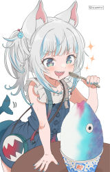 Rule 34 | + +, 1girl, animal ears, bag, blue eyes, blue hair, blue nails, blue skirt, blunt bangs, blush, buttons, cat ears, collarbone, cube hair ornament, fins, fish tail, food, frilled sleeves, frills, gawr gura, gawr gura (casual), hair ornament, handbag, highres, holding, holding spoon, hololive, hololive english, long hair, multicolored hair, nail polish, open mouth, shark tail, sharp teeth, shaved ice, shirt, side ponytail, silver hair, simple background, skirt, solo, sparkle, spoon, standing, streaked hair, sweat, table, tail, teeth, vinhnyu, virtual youtuber, white background, white shirt
