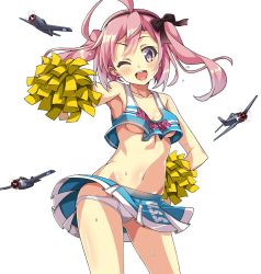Rule 34 | 1girl, ahoge, aircraft, airplane, alternate costume, armpits, azur lane, blue skirt, breasts, character name, cheering, cheerleader, clothes writing, commentary, cowboy shot, crop top, crop top overhang, hairband, highres, holding, holding pom poms, long hair, looking at viewer, macaroni hourensou, midriff, miniskirt, navel, no bra, open mouth, panties, pink hair, pleated skirt, pom pom (cheerleading), pom poms, propeller, purple eyes, saratoga (azur lane), skirt, sleeveless, small breasts, smile, solo, standing, sweat, twintails, underboob, underwear, vehicle request, white panties