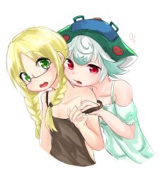 Rule 34 | 2girls, braid, brown tank top, collarbone, glasses, green eyes, heart, highres, hug, hug from behind, made in abyss, multiple girls, pachycope bon, prushka, red eyes, riko (made in abyss), tank top, twin braids, undressing another, white hair, yuri