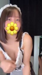 1girl animated asian breasts brown_hair censored censored_face clothes_pull downblouse emoji emoji_censor flower_emoji highres hinkonhima censored_identity leaning_forward long_hair looking_at_viewer medium_breasts no_bra real_life solo sound video