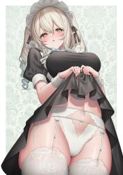 Rule 34 | 1girl, absurdres, apron, black dress, breasts, brown eyes, cameltoe, clothes lift, dress, drill hair, elf, frilled apron, frills, garter belt, garter straps, grey hair, highres, large breasts, lifting own clothes, maid, maid apron, maid headdress, nanase eru, navel, panties, pointy ears, sakura shiho, solo, thighhighs, underwear, varium, virtual youtuber, white apron, white panties, white thighhighs, wrist cuffs