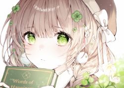 Rule 34 | 1girl, black hat, book, bow, braid, brown hair, close-up, closed mouth, clover, clover hair ornament, commentary, earrings, english text, green eyes, hair bow, hair ornament, hat, hat bow, highres, holding, holding book, jewelry, looking at viewer, noyu (noyu23386566), original, pom pom (clothes), pom pom earrings, portrait, sidelocks, simple background, solo, symbol-only commentary, symbol-shaped pupils, white background, white bow