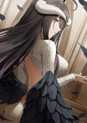 Rule 34 | 1girl, ahoge, albedo (overlord), back, backless dress, backless outfit, black hair, black wings, breasts, demon girl, demon horns, dress, eyes visible through hair, fagi (kakikaki), feathered wings, feathers, hand up, horns, indoors, large breasts, long hair, long sleeves, low wings, overlord (maruyama), parted lips, solo, white dress, white horns, wings, yellow eyes