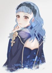 Rule 34 | 1girl, backless dress, backless outfit, black hairband, blue dress, blue hair, blush, brown eyes, closed mouth, clothing cutout, commentary request, cropped torso, dress, fire emblem, fire emblem: three houses, fire emblem warriors, fire emblem warriors: three hopes, from behind, hairband, highres, lace hairband, lips, long hair, long sleeves, looking at viewer, looking back, marianne von edmund, nintendo, oas, pink lips, simple background, solo, twitter username, wavy hair, white background