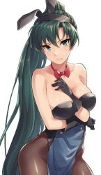 Rule 34 | 1girl, animal ears, aqua eyes, bare shoulders, between breasts, black gloves, black pantyhose, blush, bow, bowtie, breasts, cleavage, commentary request, cowboy shot, fake animal ears, fire emblem, fire emblem: the blazing blade, gloves, green hair, high ponytail, highres, large breasts, leotard, long hair, looking at viewer, lyn (fire emblem), nintendo, pantyhose, playboy bunny, ponytail, rabbit ears, rabbit tail, sajittari, simple background, solo, tail, very long hair, white background