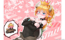 Rule 34 | 1girl, amatou (ko me 9), bare shoulders, black dress, black footwear, black sleeves, black thighhighs, blonde hair, blue eyes, blush, bowsette, breasts, brooch, chibi, chibi inset, cleavage, colored eyelashes, covered navel, covering own eyes, crossed arms, dress, ear blush, earrings, elbow sleeve, embarrassed, facebook, fang, fang out, fingernails, full-face blush, hair between eyes, highres, horns, jewelry, letterboxed, long hair, looking at viewer, mario (series), medium breasts, nail polish, new super mario bros. u deluxe, nintendo, nose blush, open mouth, pink background, pixiv, pointy ears, ponytail, purple nails, sharp fingernails, shiny skin, sidelocks, sitting, skindentation, solo, spiked shell, strapless, strapless dress, super crown, tail, tearing up, thighhighs, toned, twitter, upper body, waist cape, wariza, wavy mouth