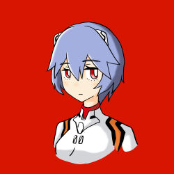 Rule 34 | 1girl, :/, adapted costume, artist request, ayanami rei, blue hair, bodysuit, breasts, expressionless, hair ornament, highres, looking at viewer, neon genesis evangelion, plugsuit, red background, red eyes, short hair, skin tight, small breasts, solo, two side up, upper body, white bodysuit
